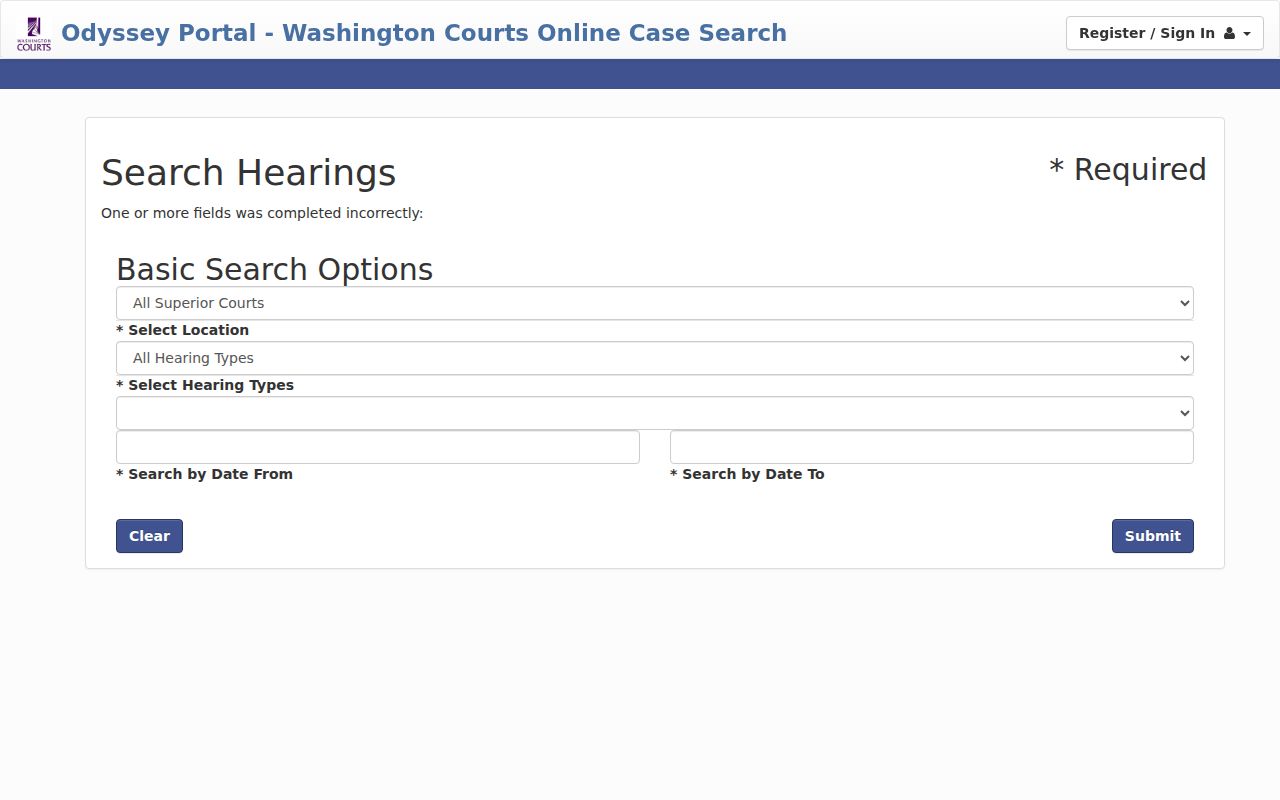 Okanogan County docket search hearing filters