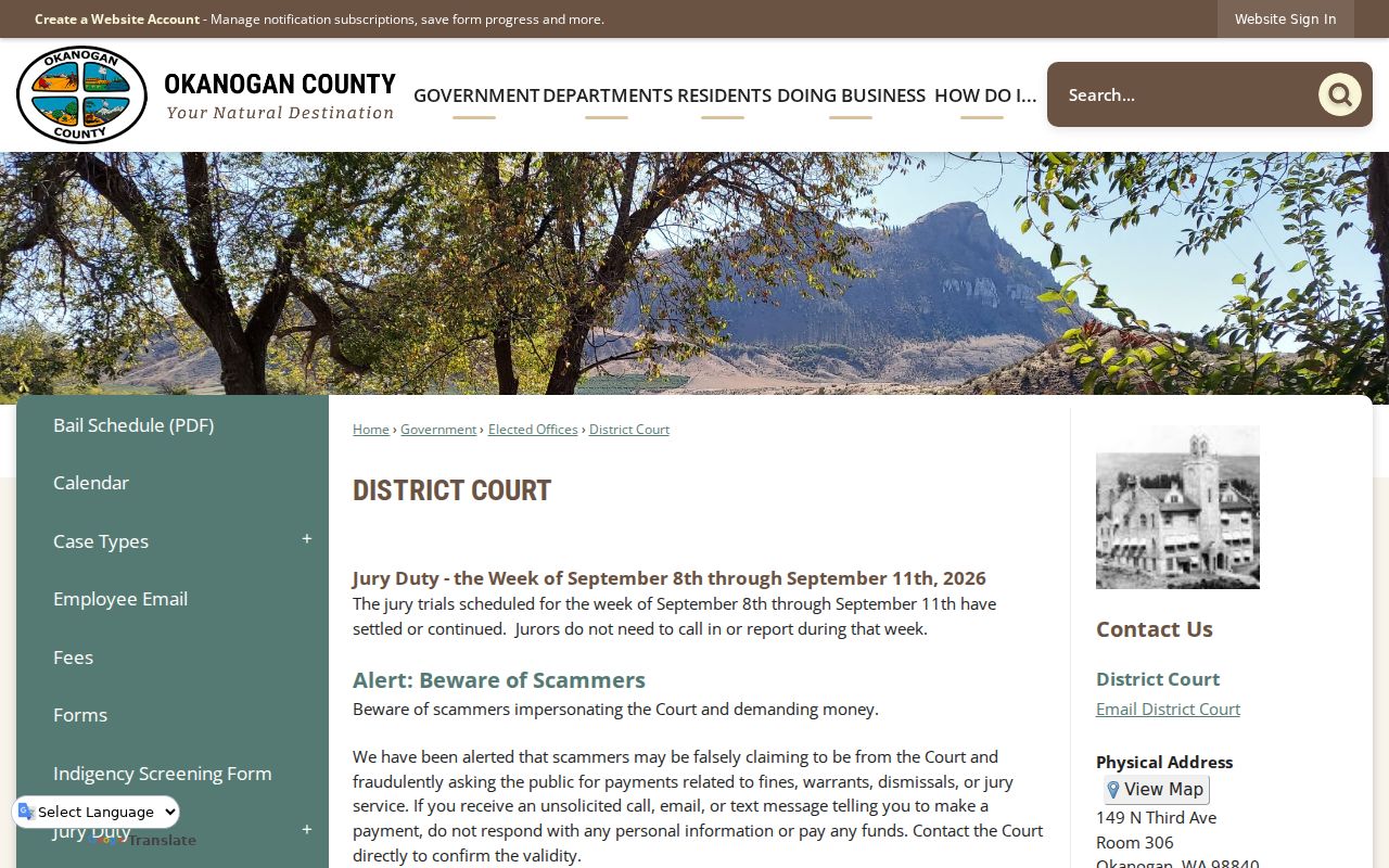 Okanogan County civil docket District Court courthouse information