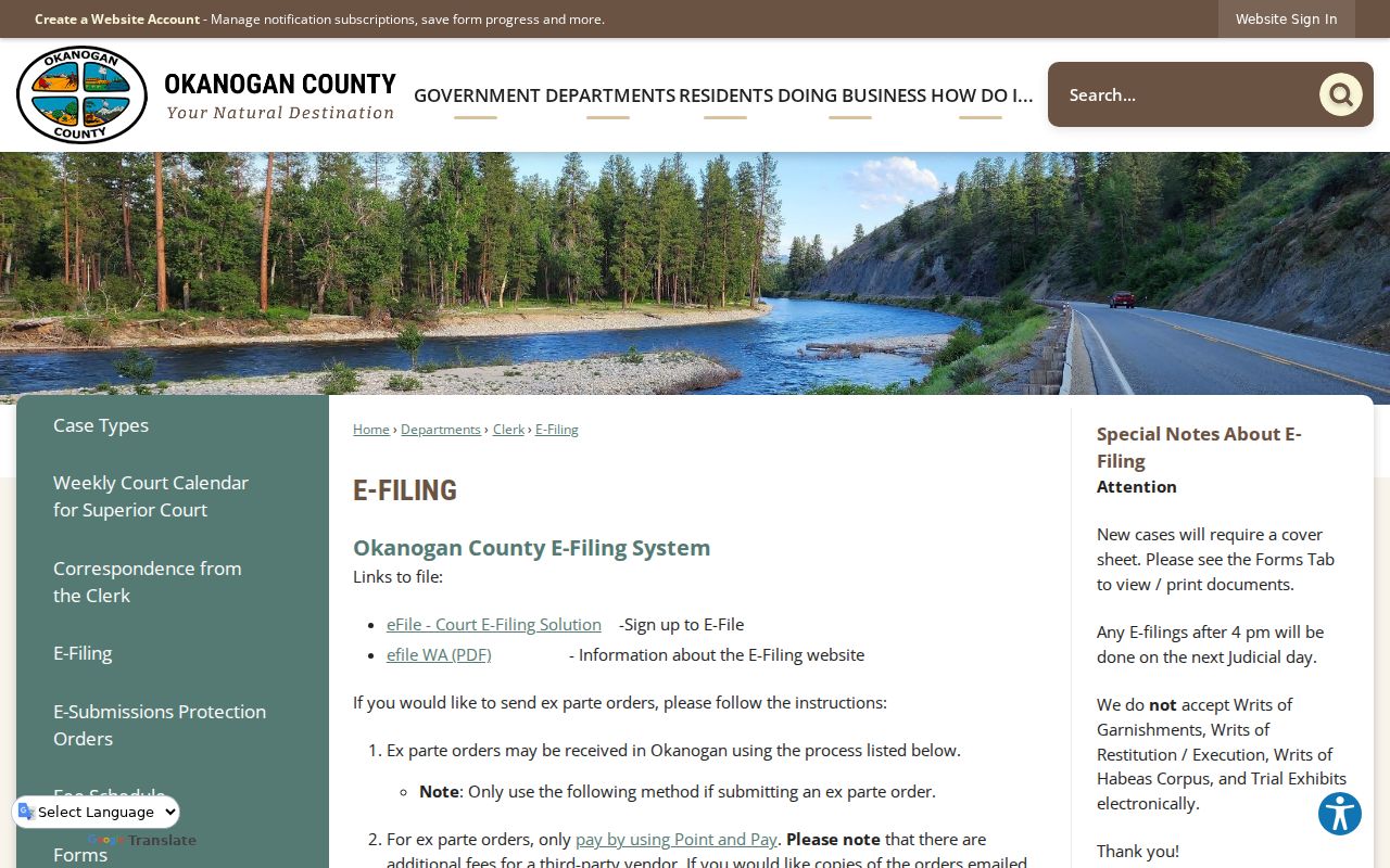 Okanogan County civil docket eFileWA cutoff instructions