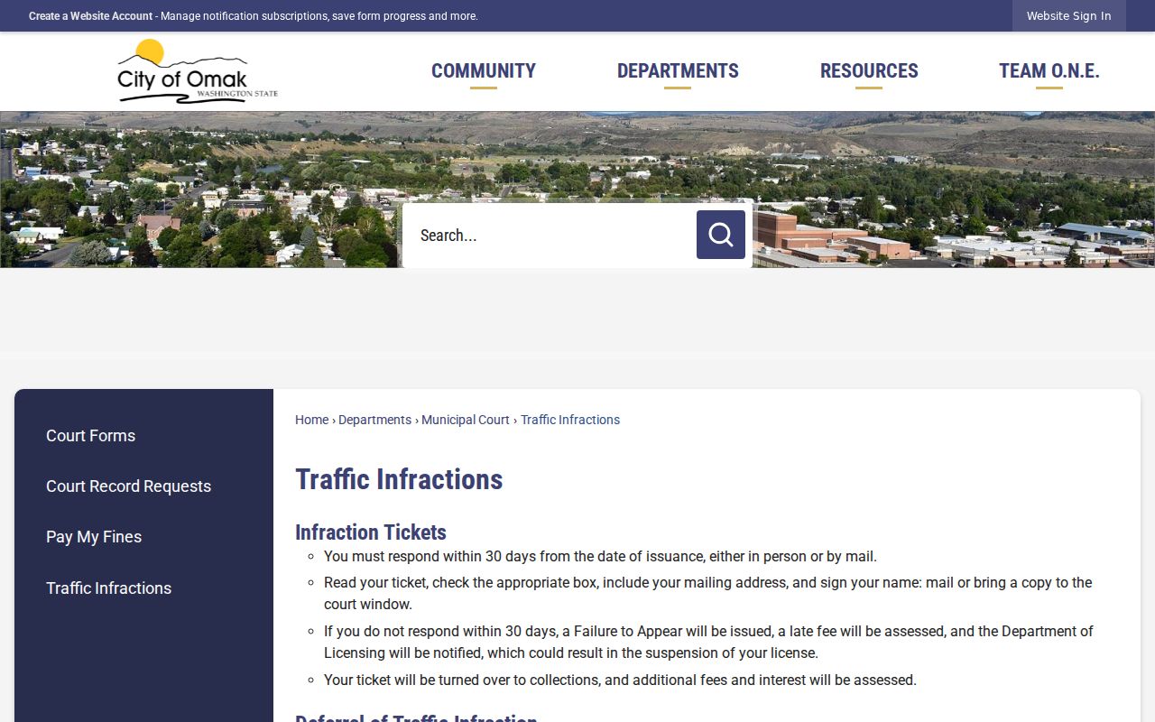 Omak traffic infraction page explaining the 30-day response deadline