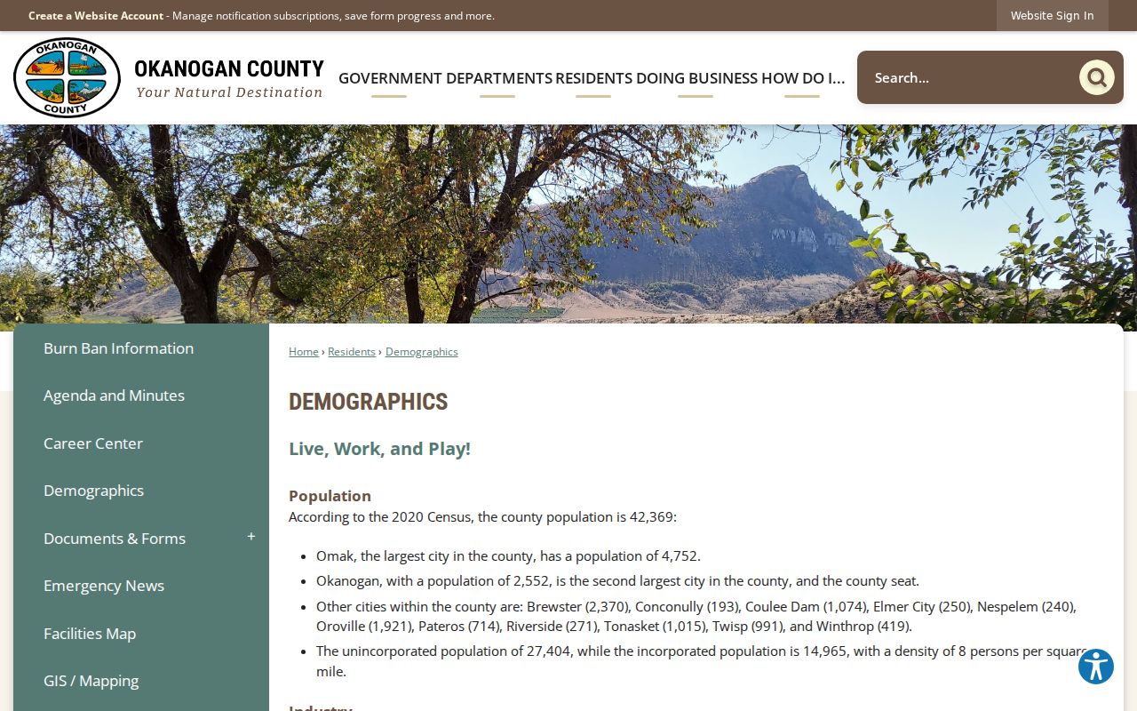 Official Okanogan County demographics table listing Omak