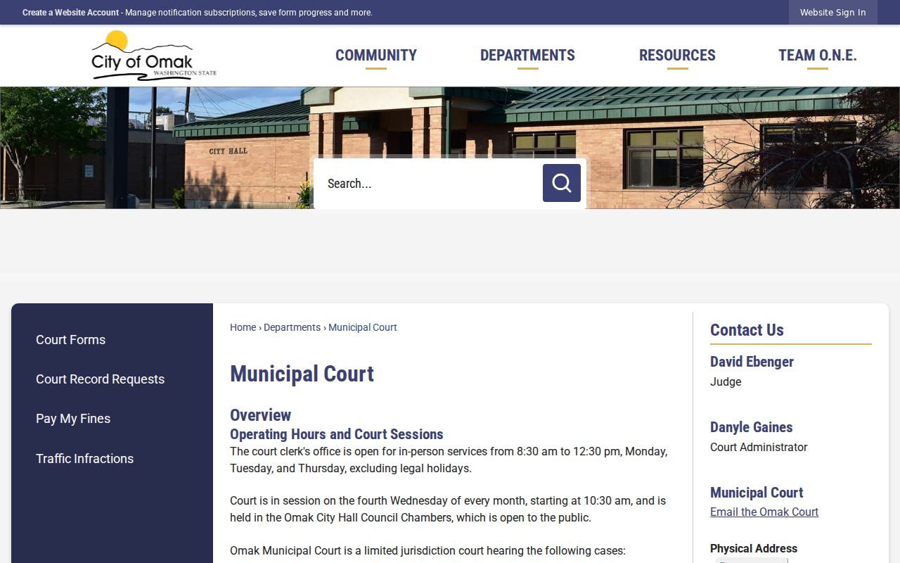 Official Omak Municipal Court page with clerk hours and session information