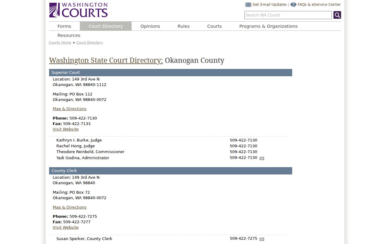 Okanogan County court docket official court directory