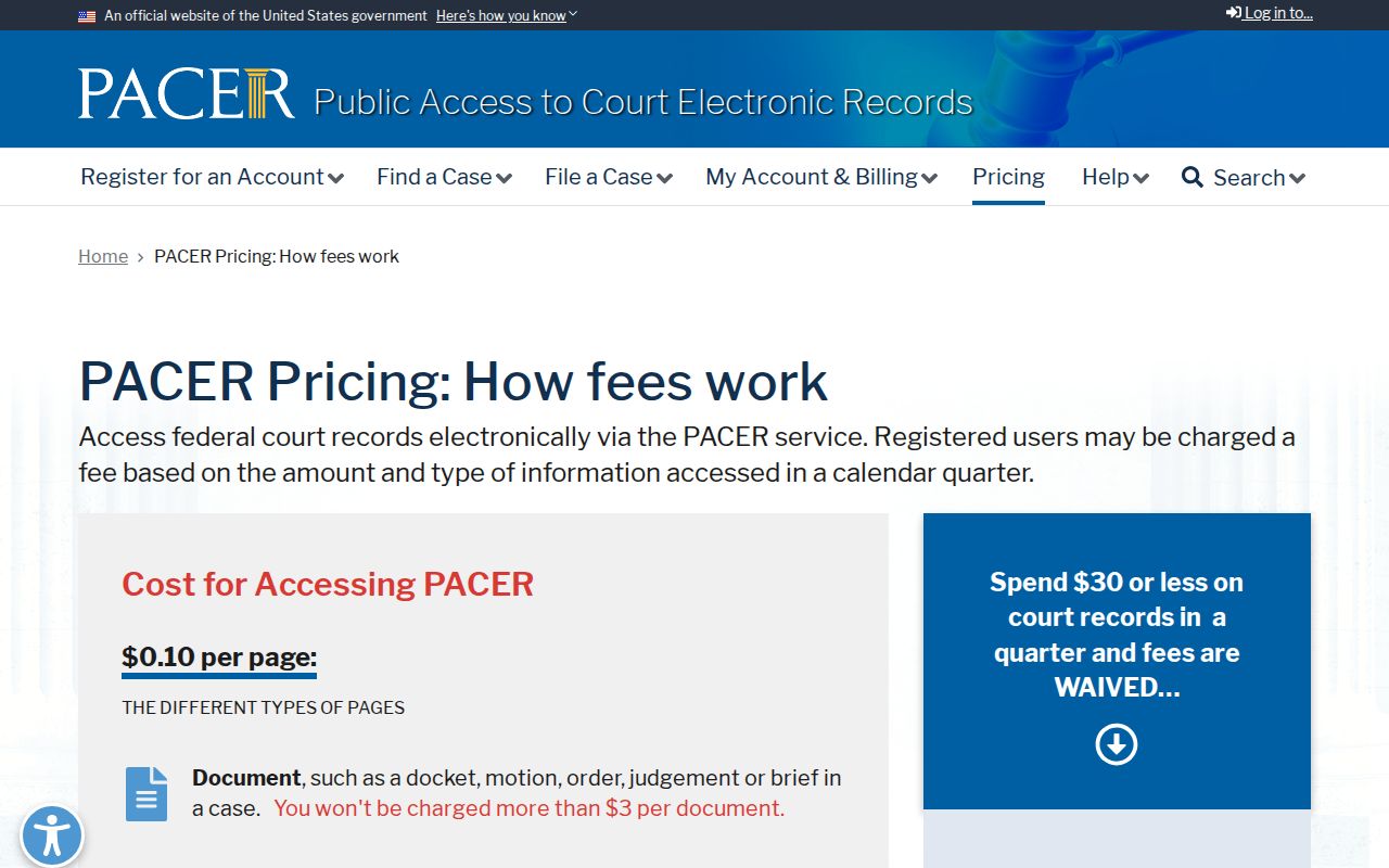 Official PACER pricing page for separate federal court record searches